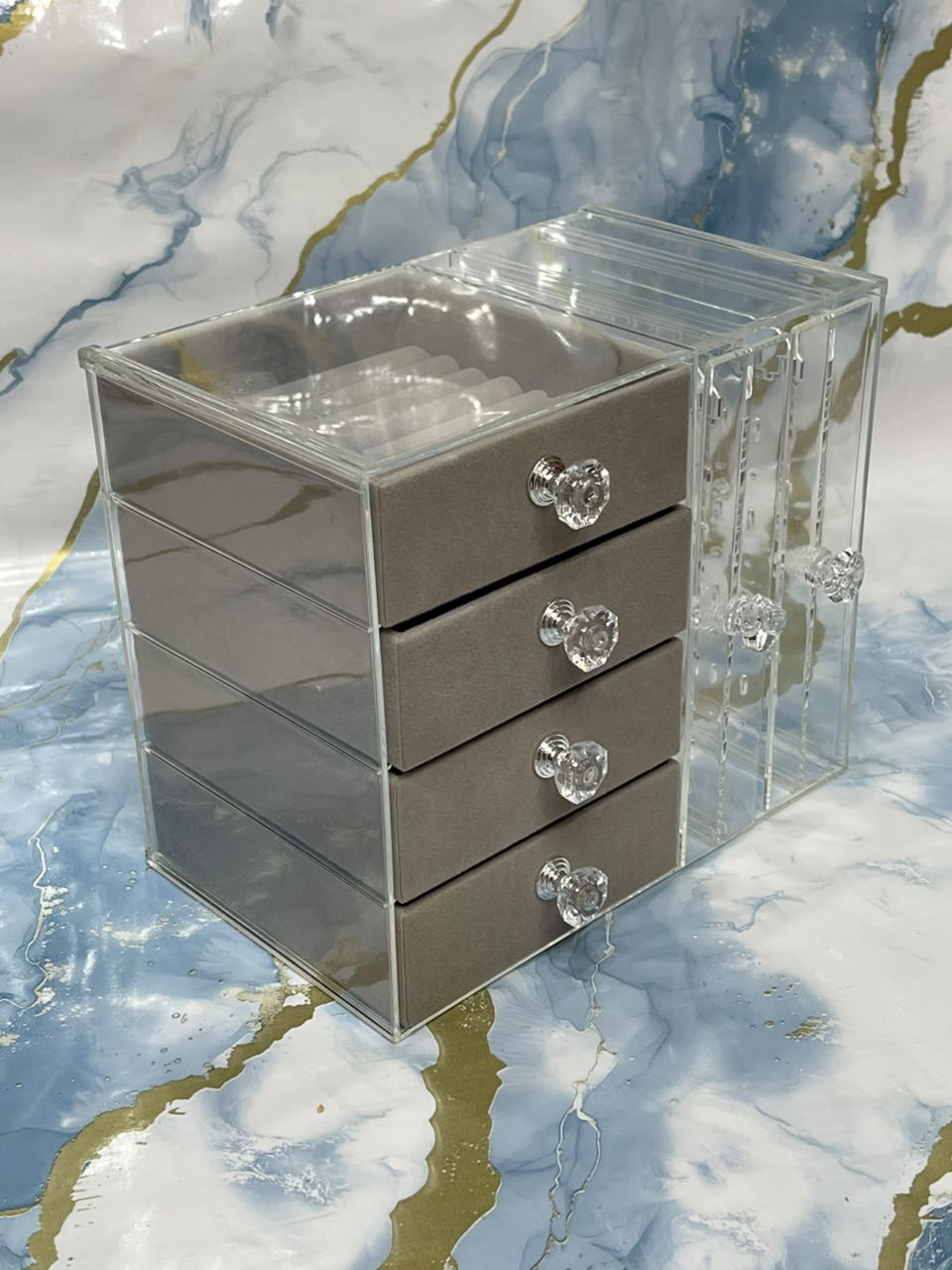 Multi Functional Clear Acrylic Jewellery Box Storage Organizer Container Drawers Side Necklace Hangers Velvet Lining Vanity Decor