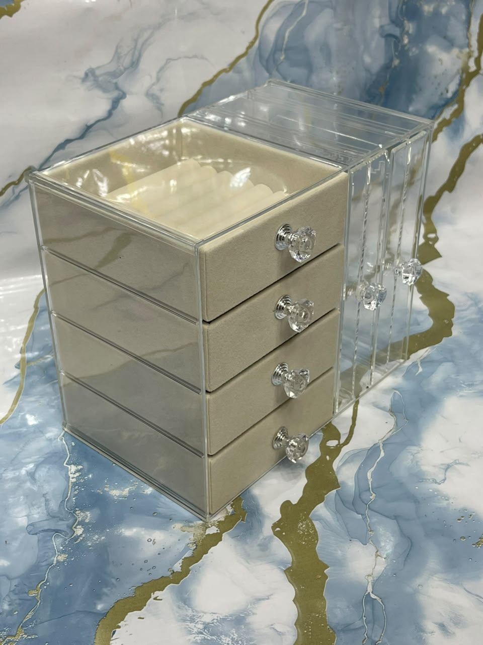 Multi Functional Clear Acrylic Jewellery Box Storage Organizer Container Drawers Side Necklace Hangers Velvet Lining Vanity Decor