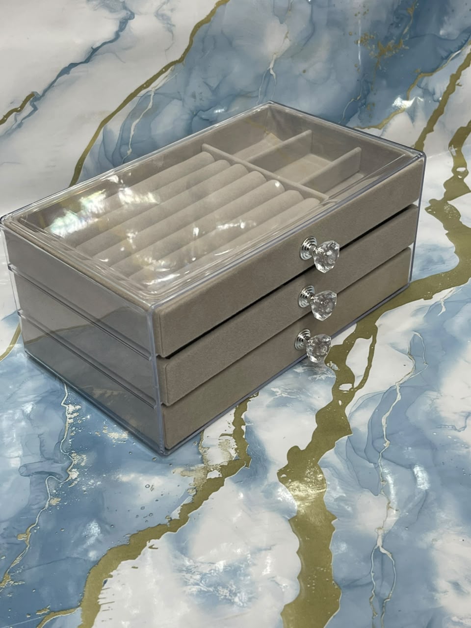 Three Drawers Clear Acrylic Jewellery Box Storage Organizer Container Velvet Ring Trays Display Case Vanity Decor