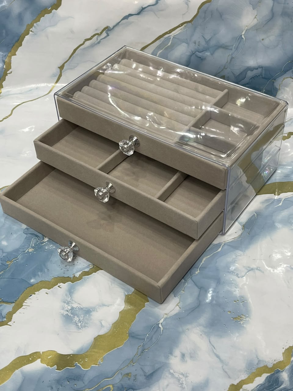 Three Drawers Clear Acrylic Jewellery Box Storage Organizer Container Velvet Ring Trays Display Case Vanity Decor