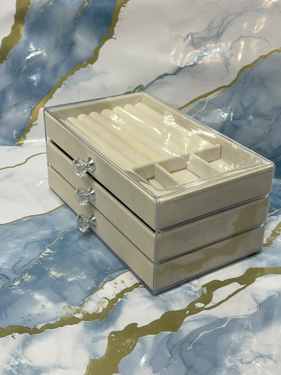 Three Drawers Clear Acrylic Jewellery Box Storage Organizer Container Velvet Ring Trays Display Case Vanity Decor