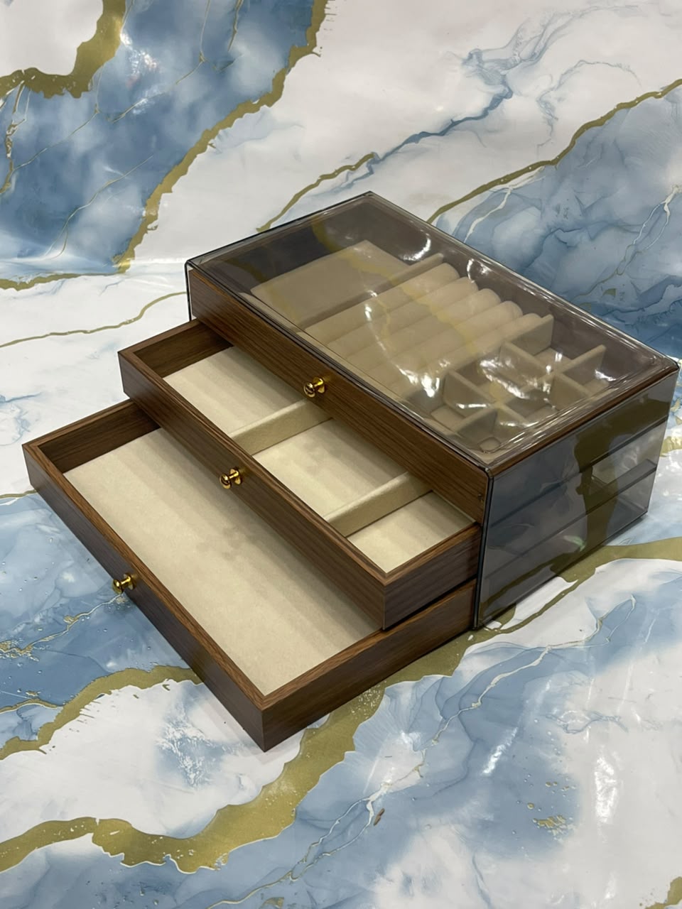 Wooden Three Drawers Jewellery Box Organizer Clear Lid Velvet Lined Storage Case Rings Necklaces Vanity Desk Decor