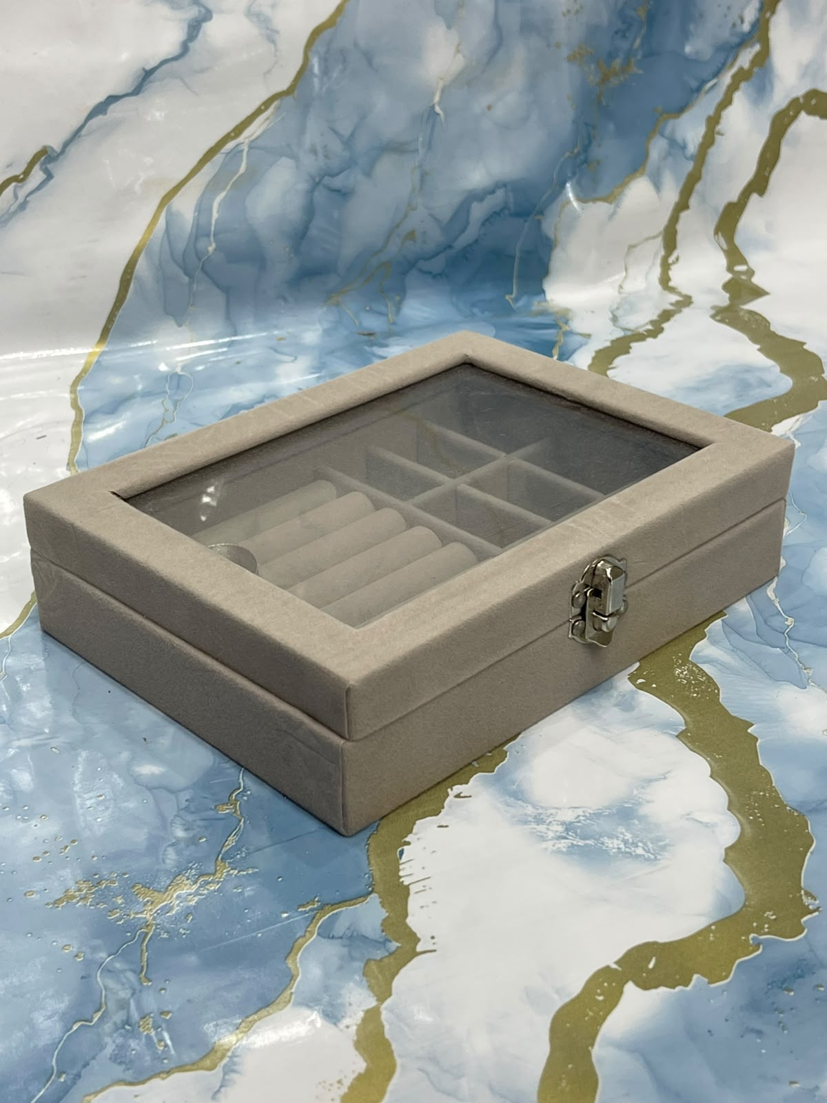 Luxurious Velvet Jewellery Box Clear Glass Lid Storage Organizer Case Ring Trays Earrings Display Container Vanity Decor