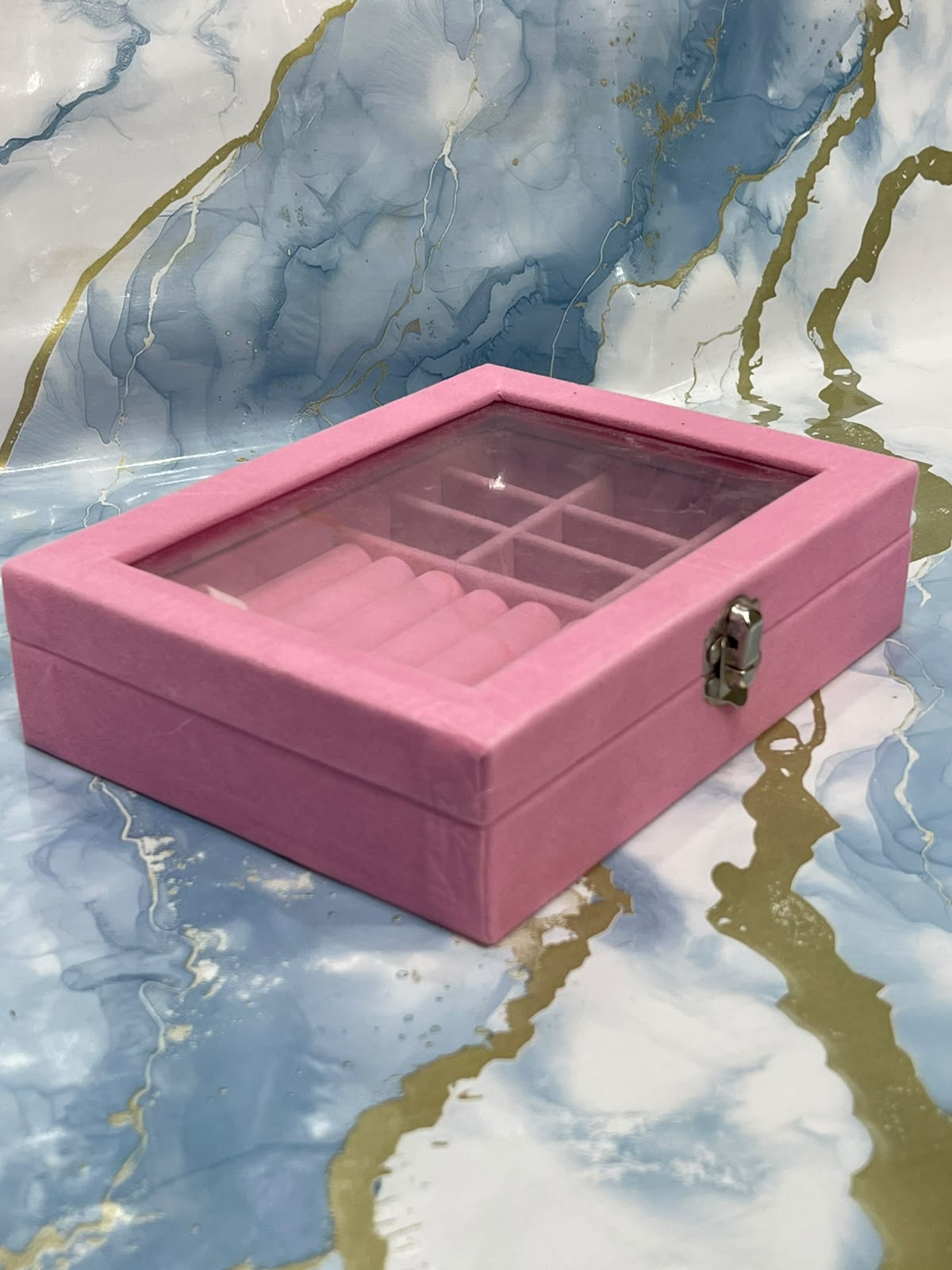 Luxurious Velvet Jewellery Box Clear Glass Lid Storage Organizer Case Ring Trays Earrings Display Container Vanity Decor