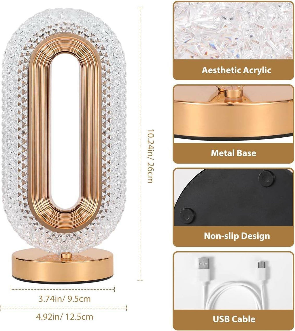 Modern Oval Crystal LED Table Lamp 3 Color Lighting Touch Control Rechargeable Bedside Nightstand Light Home Decor