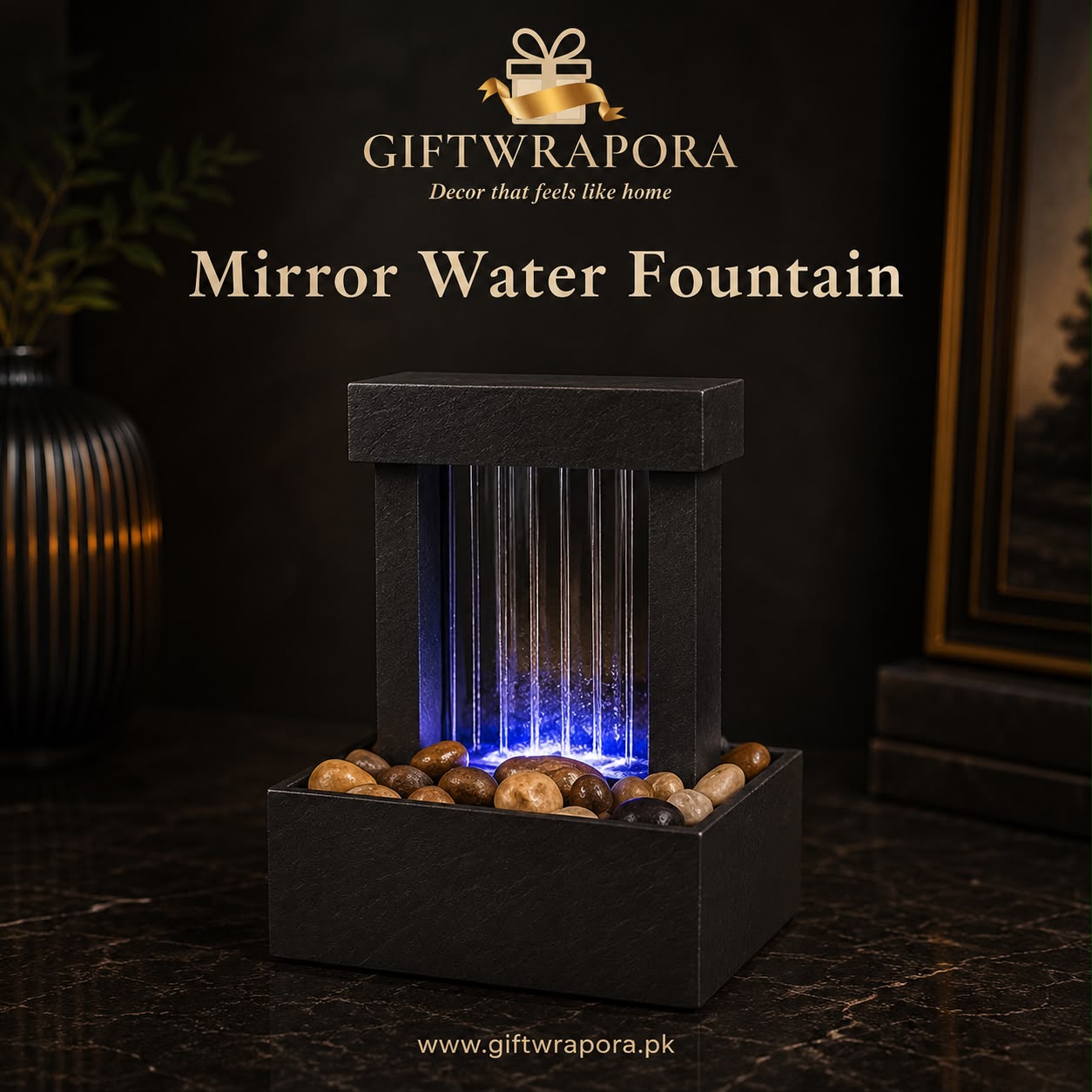 Modern Mirror Water Fountain Tabletop Indoor Waterfall Blue LED Light River Rocks Home Living Room Desk Decor