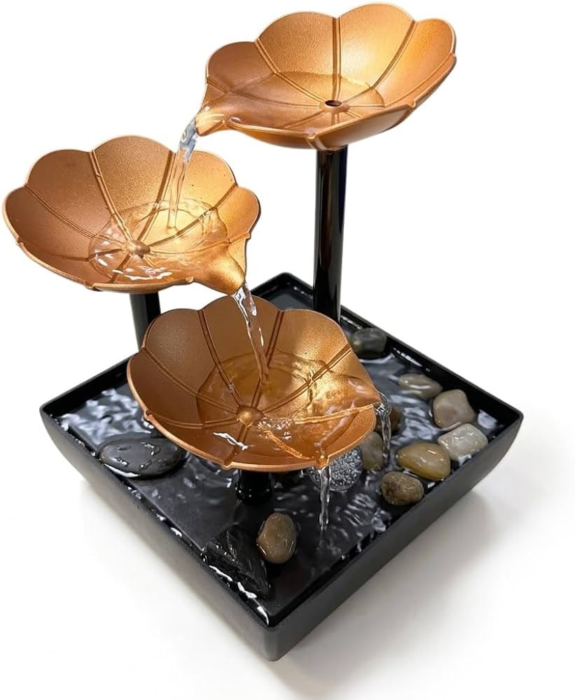 Modern Three-Leaf Water Fountain Tabletop Indoor Tiered Waterfall Natural Stones Home Desk Office Relaxing Living Room Decor