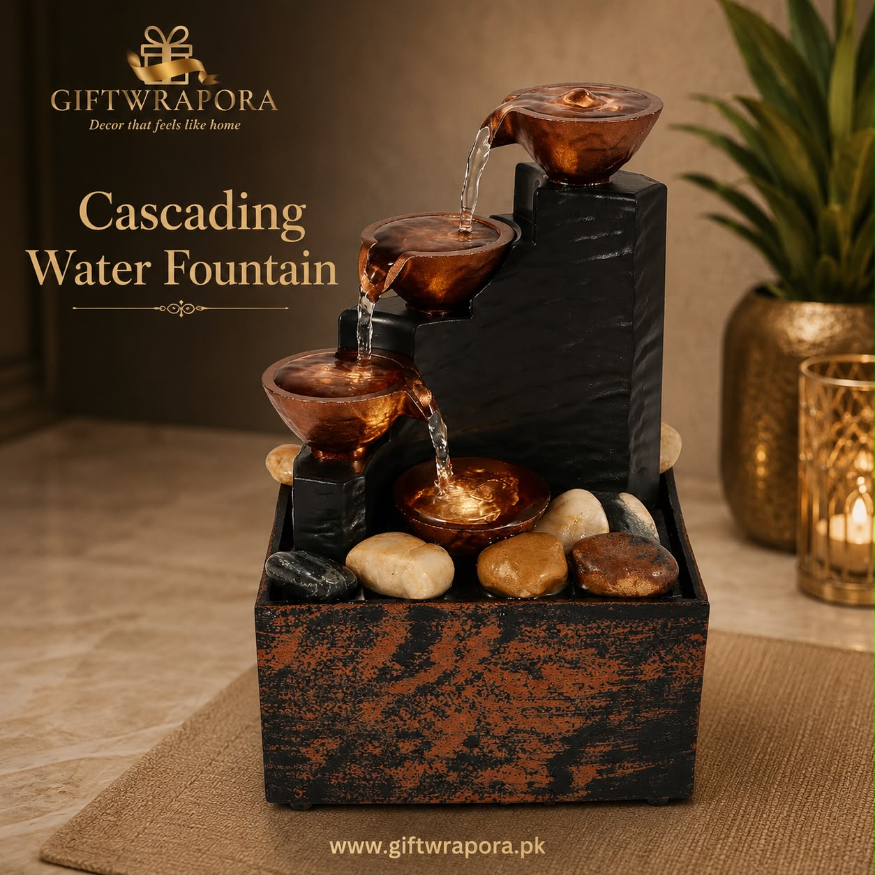 Modern Cascading Water Fountain Tabletop Indoor Waterfall Bronze Bowls Natural Stones Home Desk Office Relaxing Decor