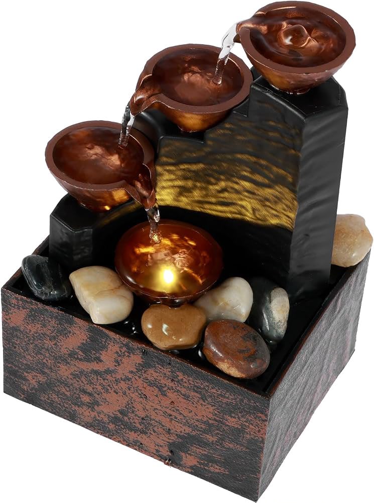 Modern Cascading Water Fountain Tabletop Indoor Waterfall Bronze Bowls Natural Stones Home Desk Office Relaxing Decor