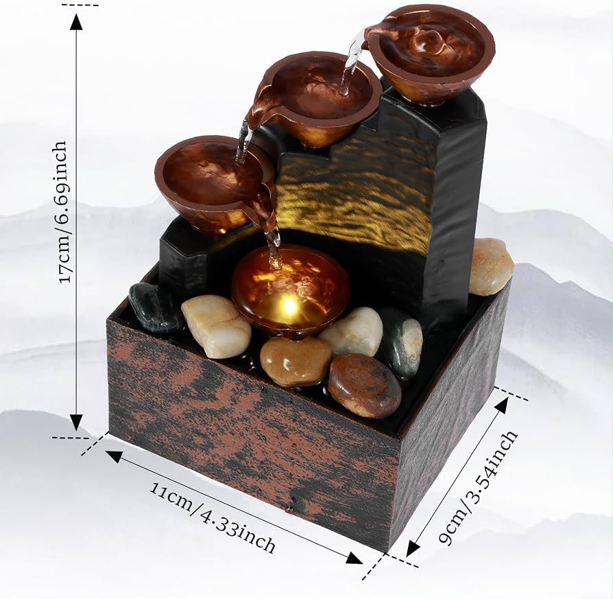 Modern Cascading Water Fountain Tabletop Indoor Waterfall Bronze Bowls Natural Stones Home Desk Office Relaxing Decor