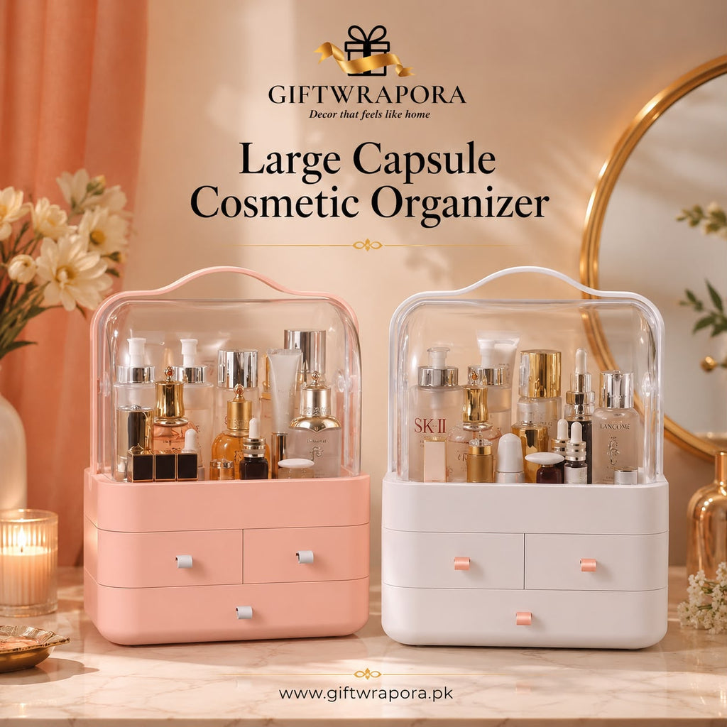 Large Capsule Cosmetic Organizer – Dustproof Makeup Storage Display Box with Drawers
