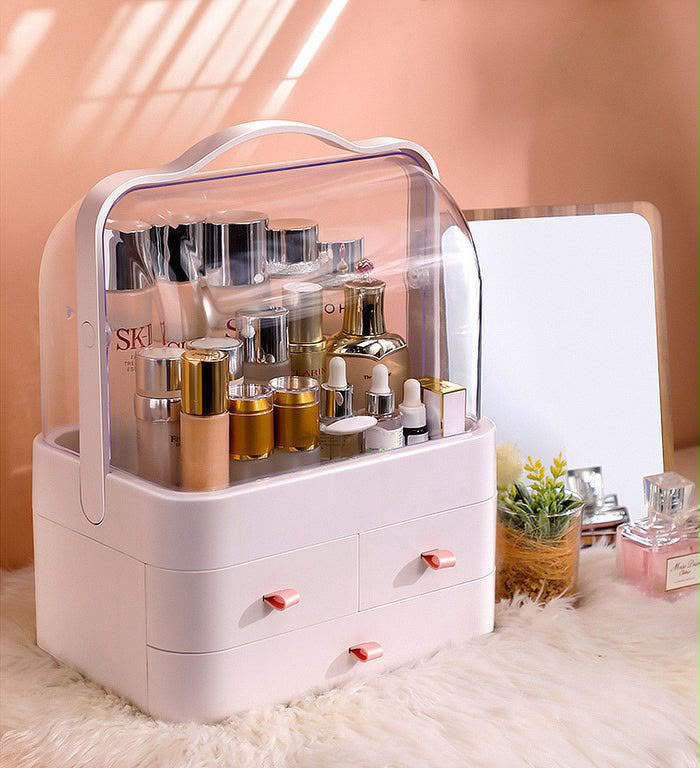 Large Capsule Cosmetic Organizer – Dustproof Makeup Storage Display Box with Drawers