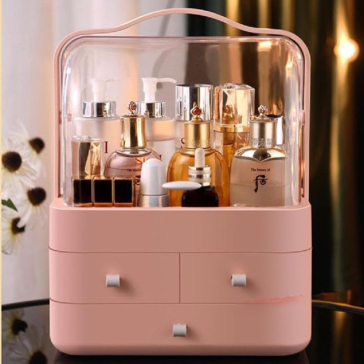 Large Capsule Cosmetic Organizer – Dustproof Makeup Storage Display Box with Drawers