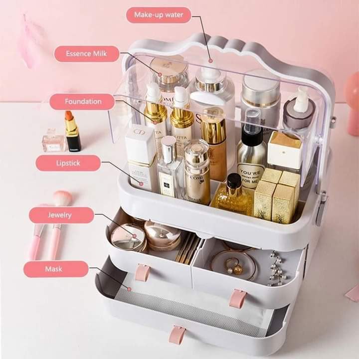 Large Capsule Cosmetic Organizer – Dustproof Makeup Storage Display Box with Drawers