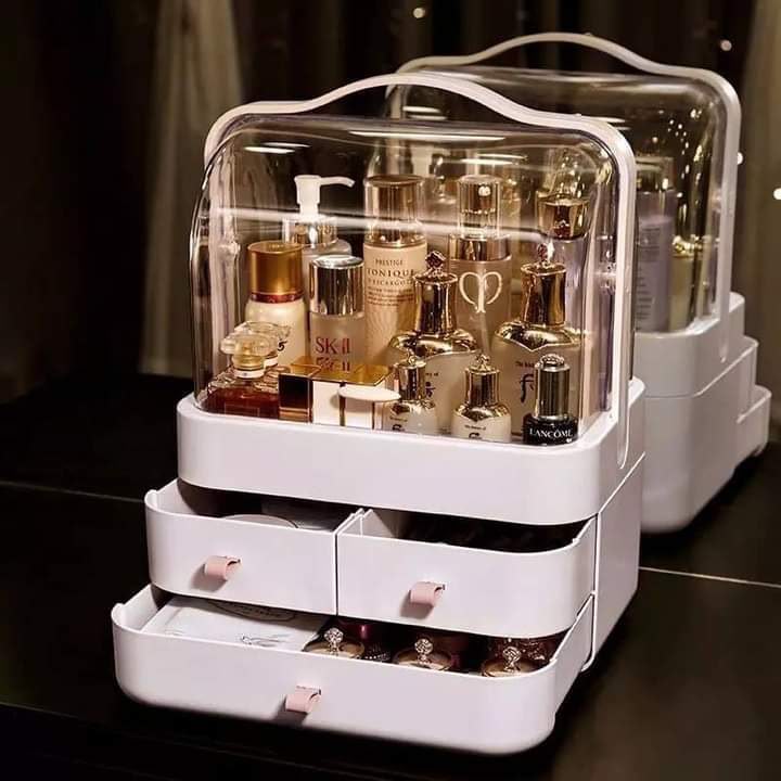 Large Capsule Cosmetic Organizer – Dustproof Makeup Storage Display Box with Drawers