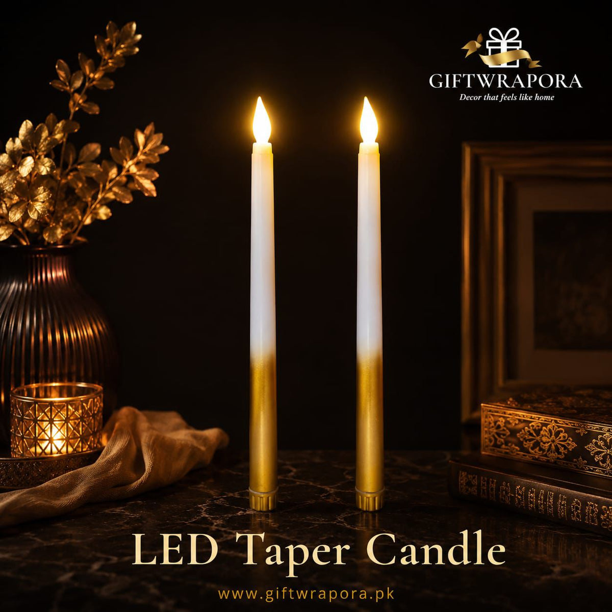Gold Dipped Flameless LED Taper Candles (Set of 2)